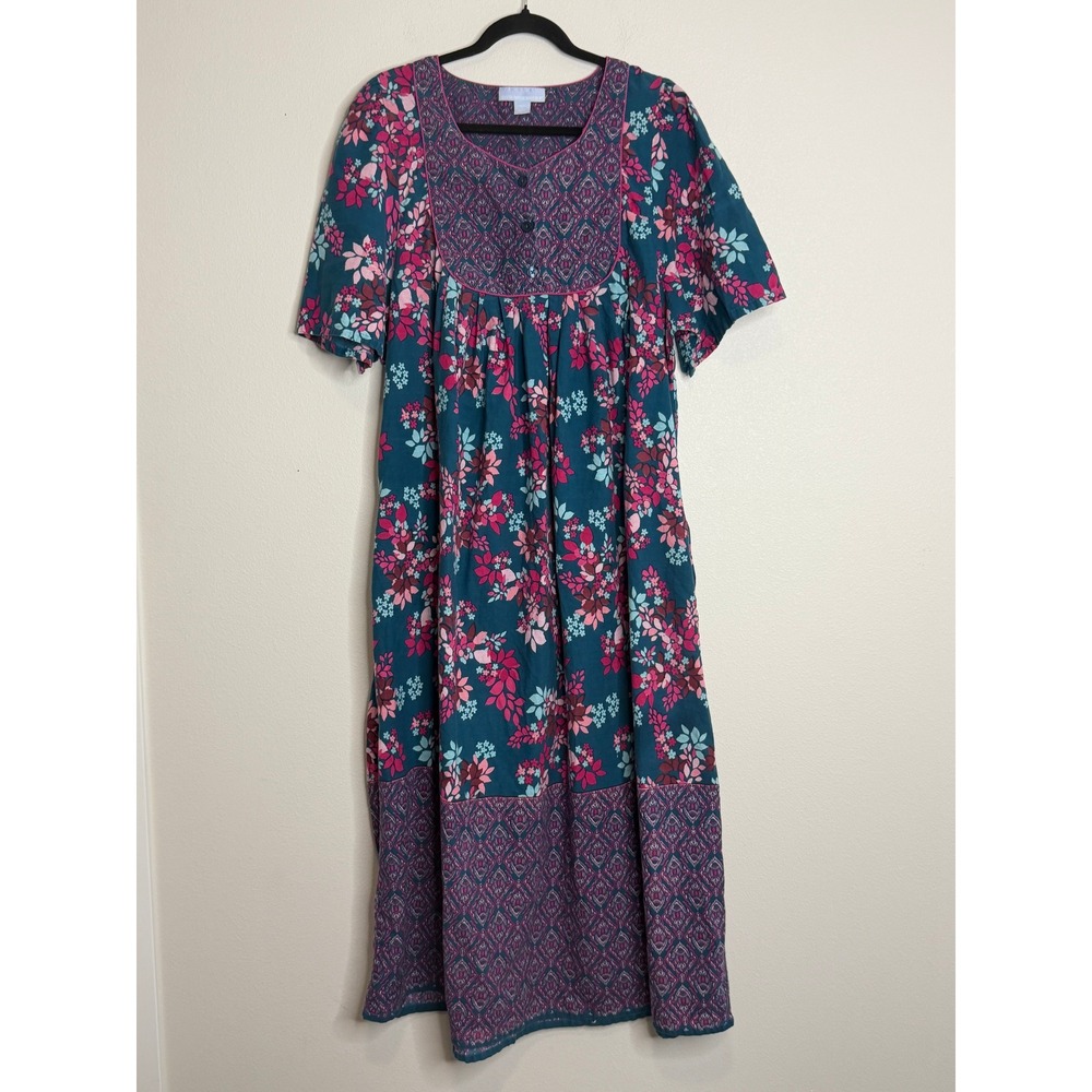Vintage Only Necessities‎ Cotton Floral Maxi Lounger Dress Teal Pink Sz L